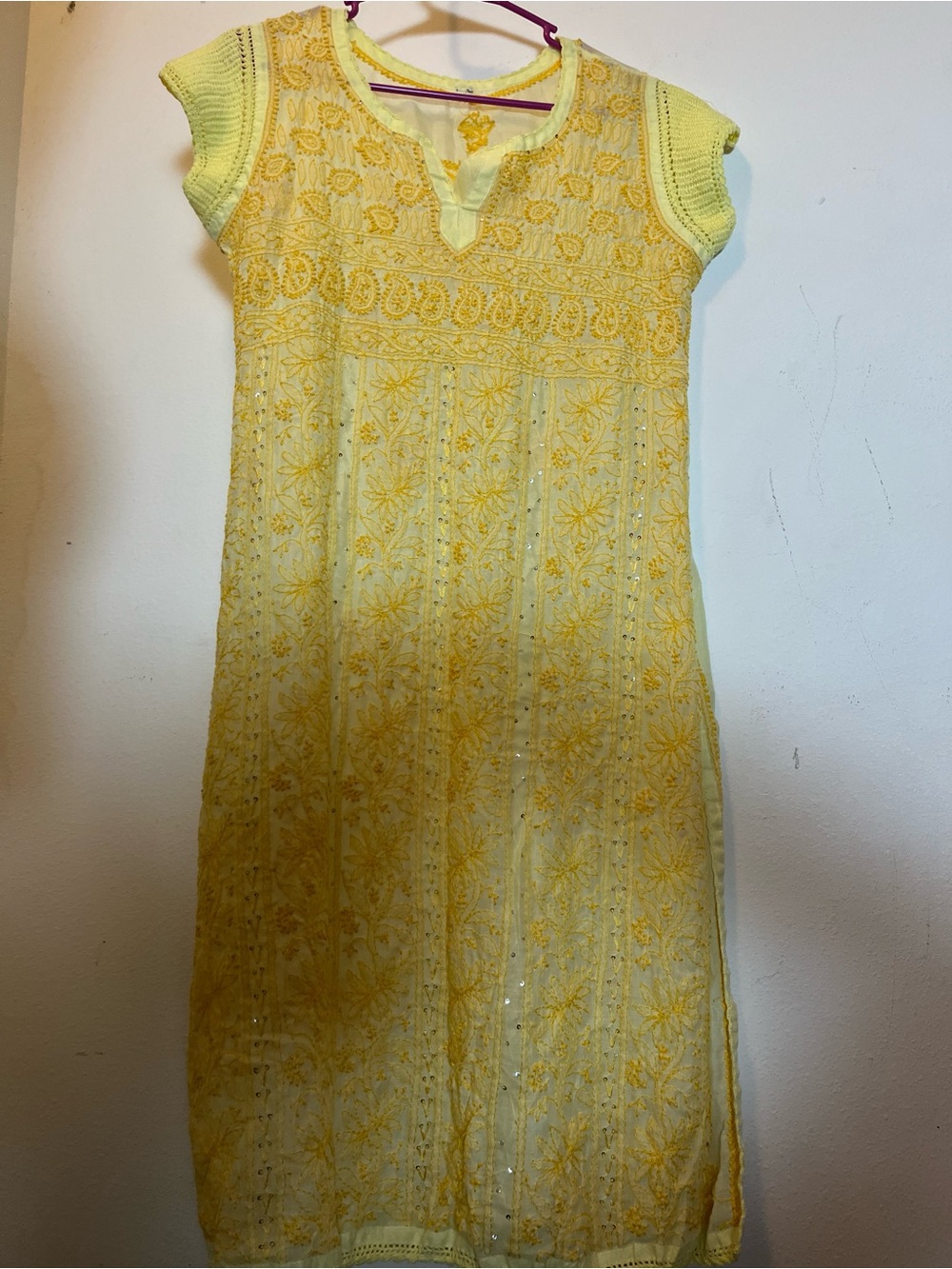 Handmade Yellow Embroidered Cotton Kurta Tunic Size M Boho